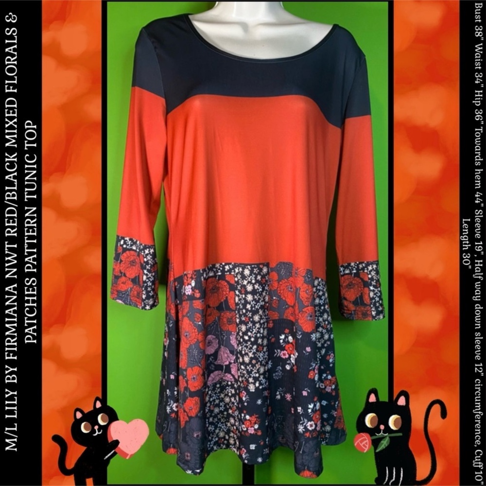 M/L LILY BY FIRMIANA NWT RED/BLACK MIXED FLORALS & PATCHES PATTERN TUNIC TOP